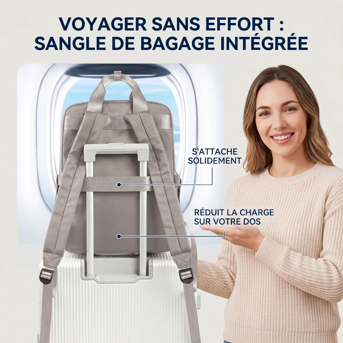 Détail de la sangle trolley du sac à dos ordinateur femme Lyra sur une valise