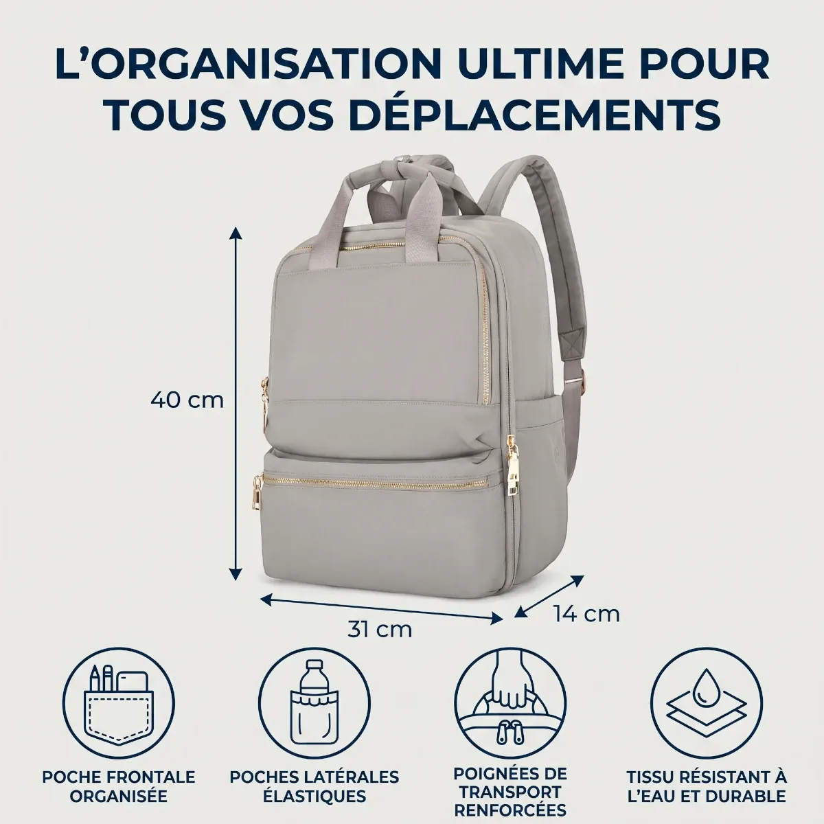Infographie technique avec dimensions et caractéristiques du sac à dos ordinateur femme Lyra
