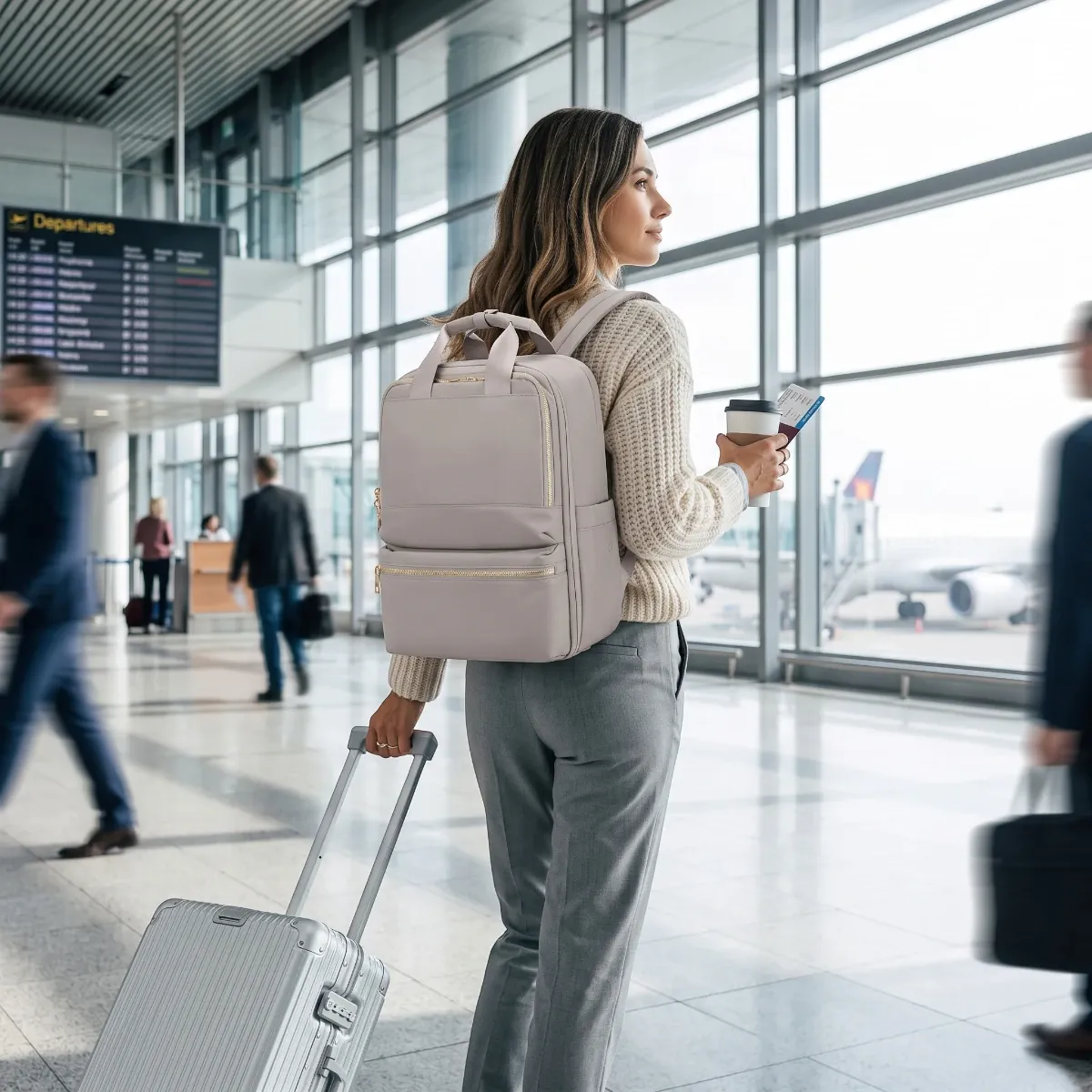 Infographie lifestyle montrant la femme portant le sac à dos ordinateur femme Lyra dans différents contextes