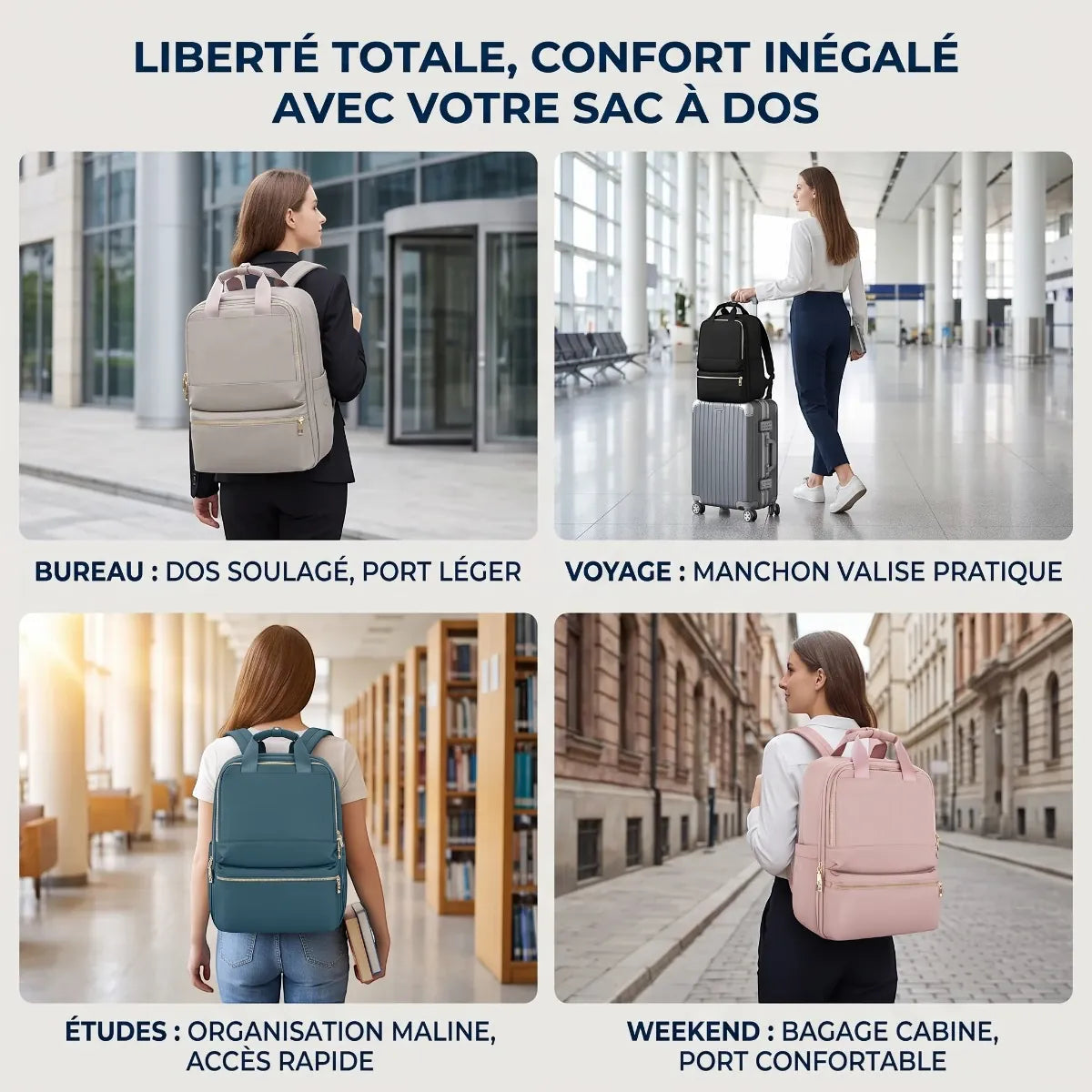 Infographie 4 panneaux montrant le sac à dos ordinateur femme Lyra dans différents contextes d'utilisation (bureau, voyage, études, weekend).