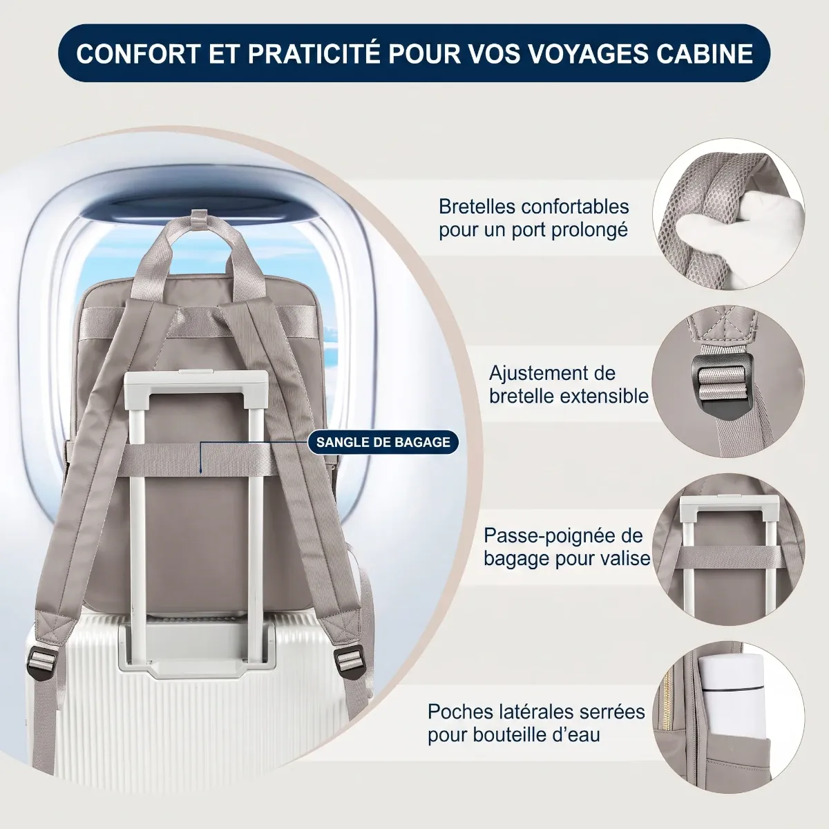 Vue de dos du sac à dos ordinateur femme Lyra avec ses caractéristiques