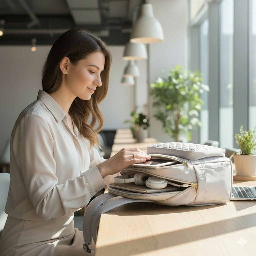 Ouverture à plat du sac à dos ordinateur femme Séléné sur un bureau pour un accès rapide aux accessoires.