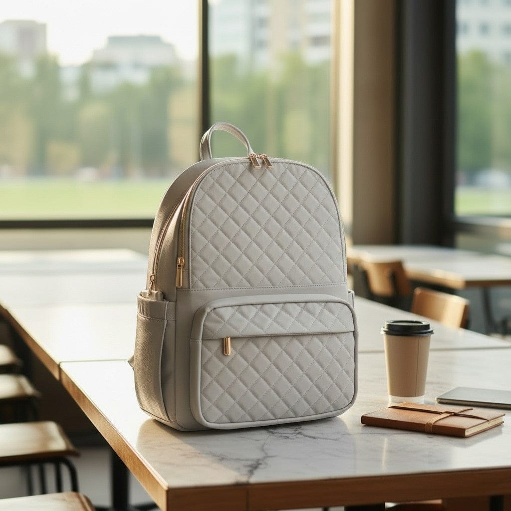 Design matelassé et élégant du sac à dos ordinateur femme Séléné posé sur une table de réunion.