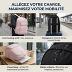 Mosaïque en 4 parties illustrant les cas d'utilisation du sac à dos ordinateur femme Nuage : commuting, voyage pro sur valise trolley, espace de coworking et étanchéité sous la pluie.