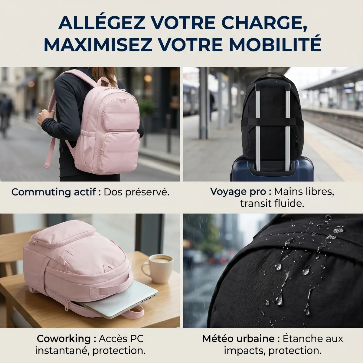 Mosaïque en 4 parties illustrant les cas d'utilisation du sac à dos ordinateur femme Nuage : commuting, voyage pro sur valise trolley, espace de coworking et étanchéité sous la pluie.