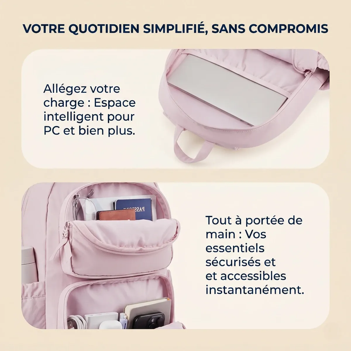 Détails des compartiments spacieux et poches extérieures du sac à dos PC portable femme Nuage.