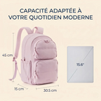 Infographie des dimensions en cm et compatibilité PC portable 15.6 pouces du sac à dos ordinateur femme Nuage.