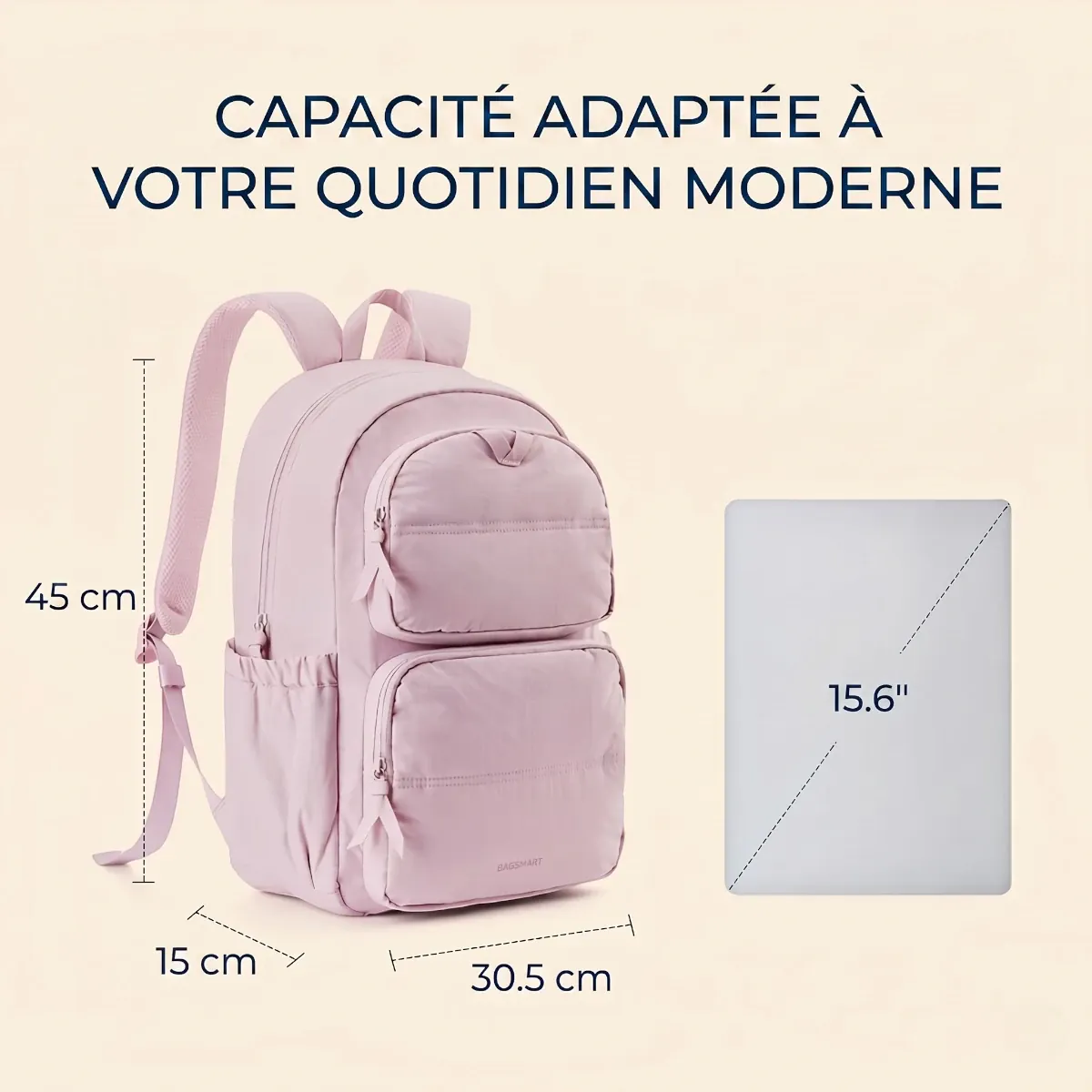 Infographie des dimensions en cm et compatibilité PC portable 15.6 pouces du sac à dos ordinateur femme Nuage.