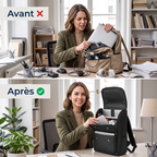 Comparatif avant-après montrant le gain d'organisation professionnelle avec le sac à dos ordinateur femme Onyxium.