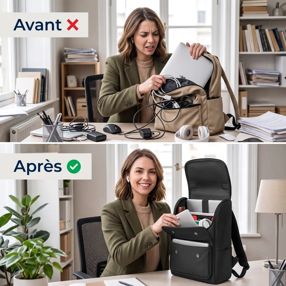 Comparatif avant-après montrant le gain d'organisation professionnelle avec le sac à dos ordinateur femme Onyxium.