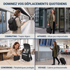 Grille de 4 situations d'utilisation du sac à dos ordinateur femme Onyxium : métro, affaires, coworking et avion.