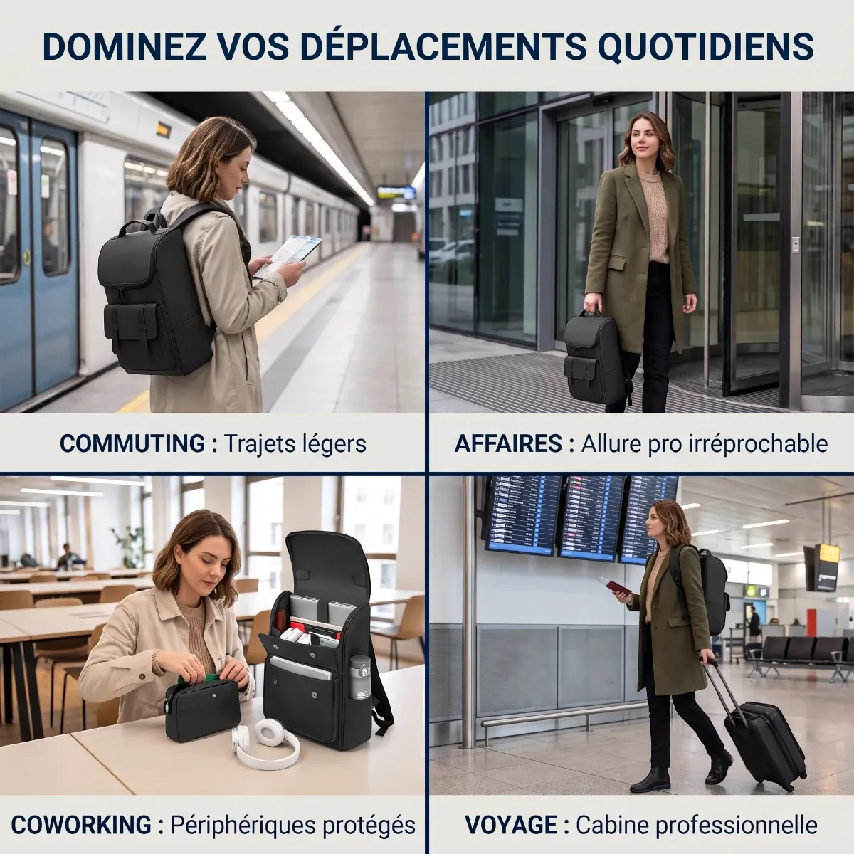 Grille de 4 situations d'utilisation du sac à dos ordinateur femme Onyxium : métro, affaires, coworking et avion.