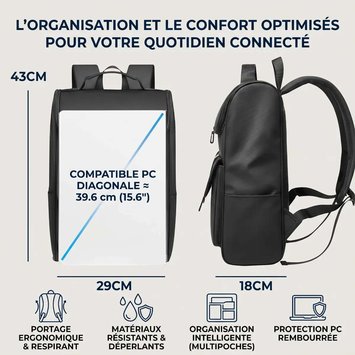 Schéma technique avec dimensions en cm et caractéristiques ergonomiques du sac à dos ordinateur femme Onyxium.