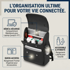 Infographie des fonctionnalités et compartiments de rangement intérieurs du sac à dos ordinateur femme Onyxium.