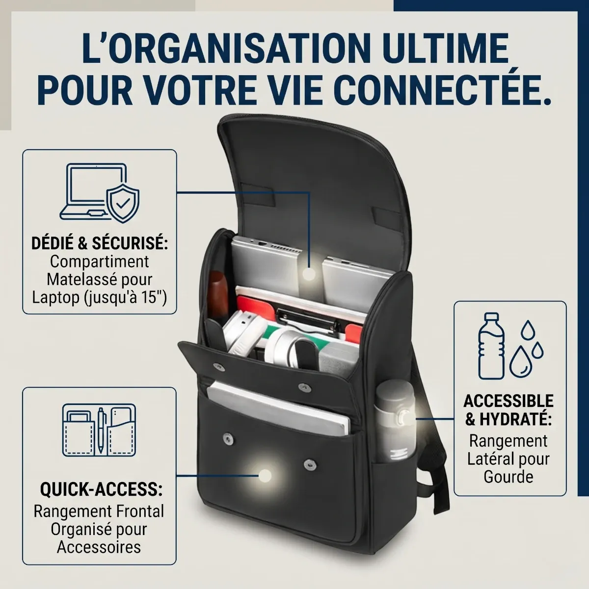 Infographie des fonctionnalités et compartiments de rangement intérieurs du sac à dos ordinateur femme Onyxium.