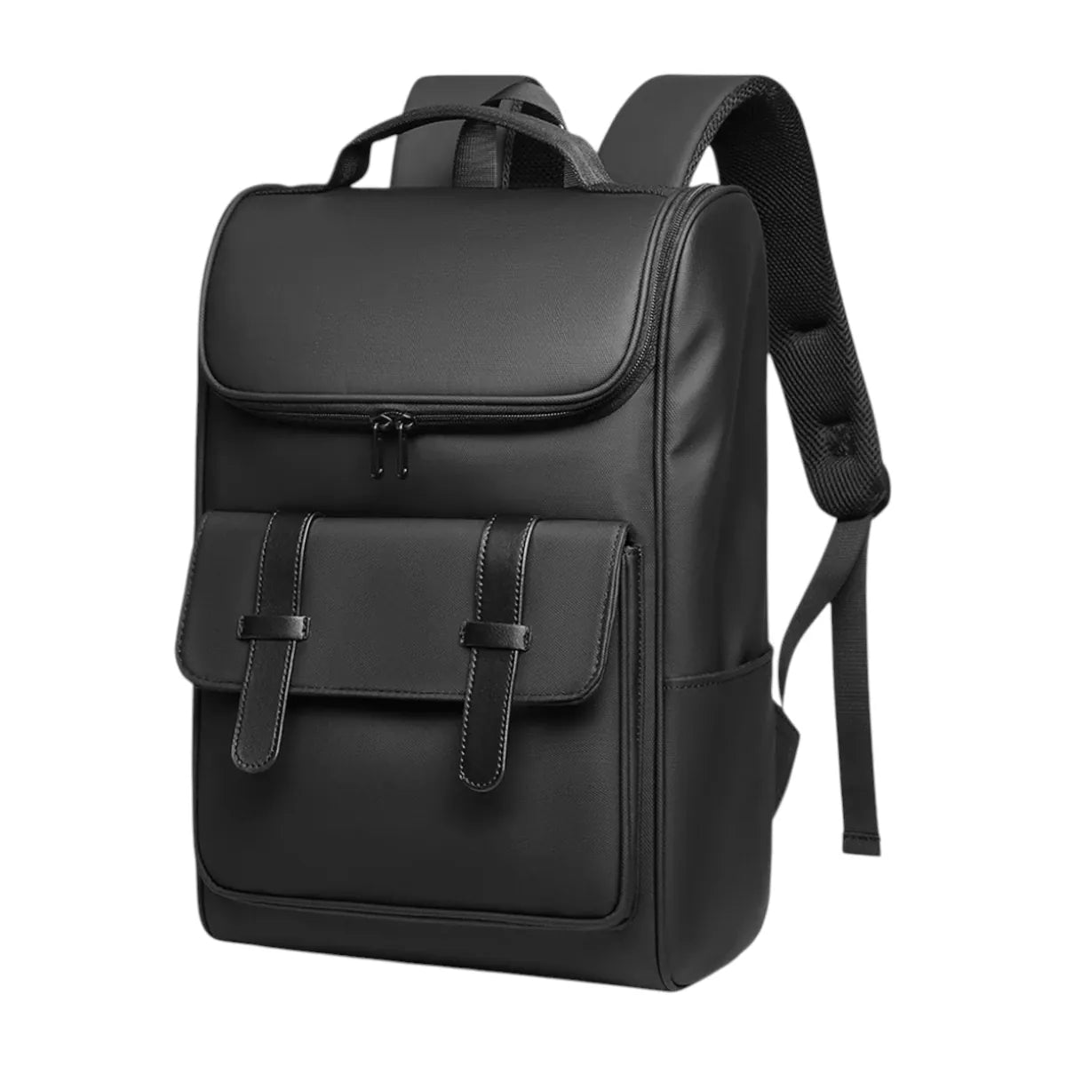 Sac à dos ordinateur femme Onyxium noir au design épuré, vue de trois-quarts face sur fond blanc.