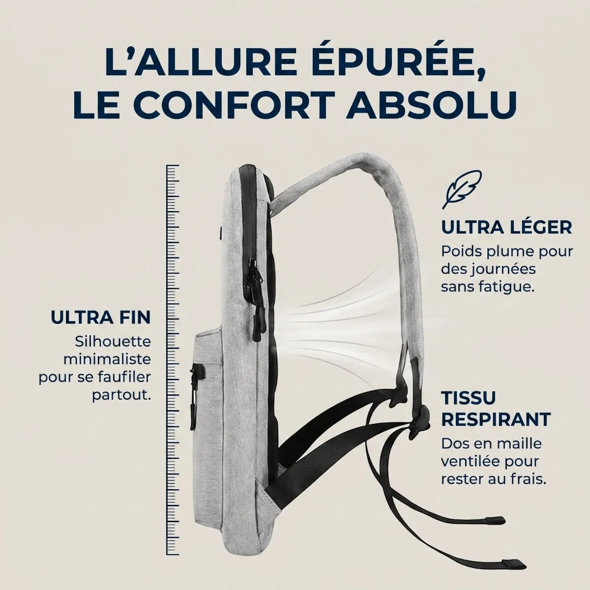 Profil ultra-fin de 4 cm, tissu respirant et légèreté du sac à dos Pluma