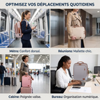 Infographie des cas d'utilisation quotidienne du sac à dos ordinateur femme Prisme (métro, réunion, cabine)