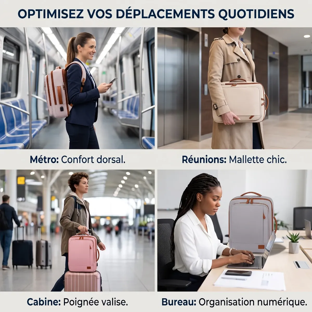 Infographie des cas d'utilisation quotidienne du sac à dos ordinateur femme Prisme (métro, réunion, cabine)