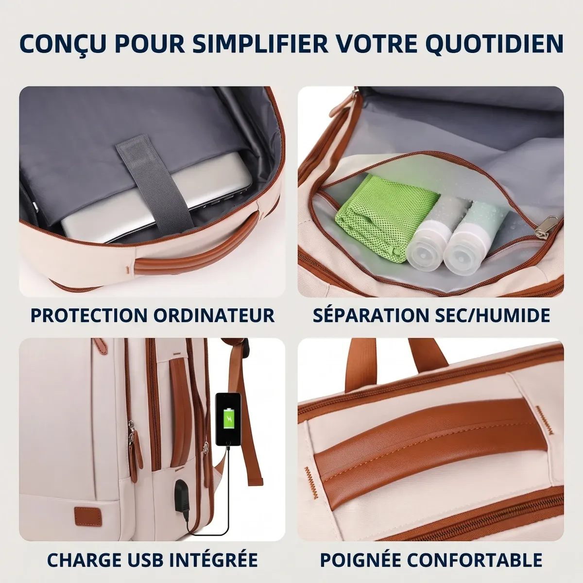 Zoom sur la protection ordinateur matelassée et la séparation sec/humide du sac à dos ordinateur femme Prisme