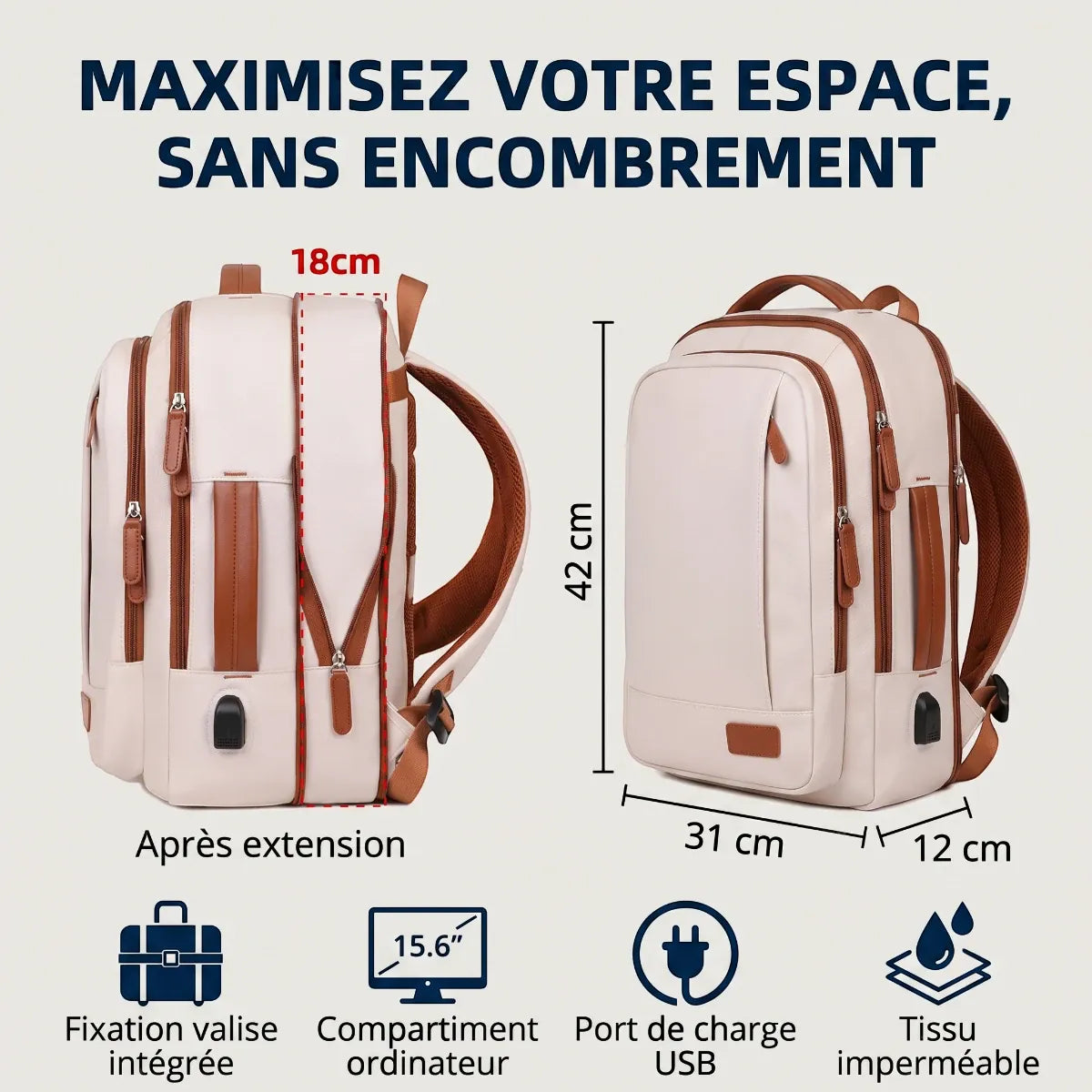 Schéma technique des dimensions et de l'extension de capacité du sac à dos ordinateur femme Prisme