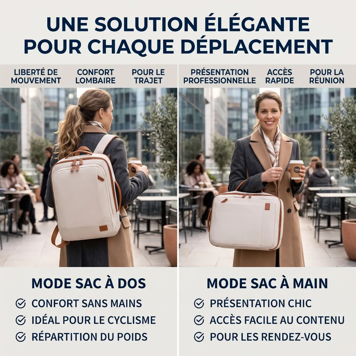 Démonstration du sac à dos ordinateur femme Prisme porté au dos ou à la main en mallette chic
