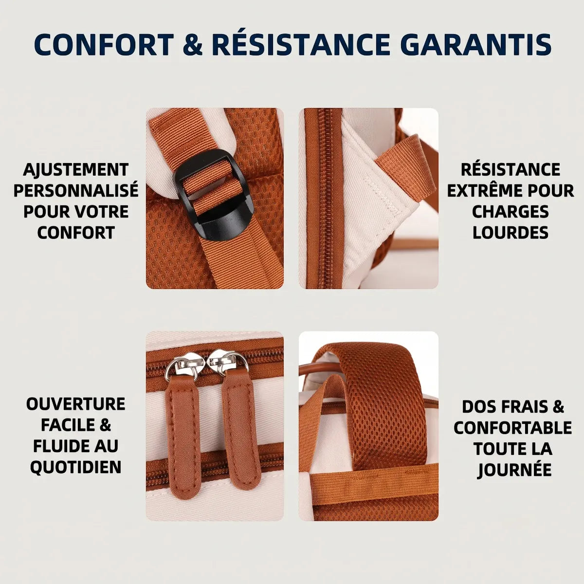Détails des fermetures éclair fluides et des bretelles en maille du sac à dos ordinateur femme Prisme