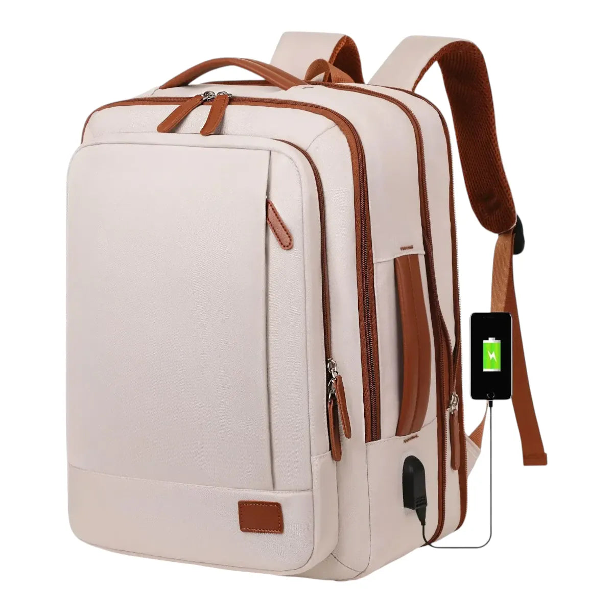 Sac à dos ordinateur femme Prisme beige et marron avec port de charge USB connecté