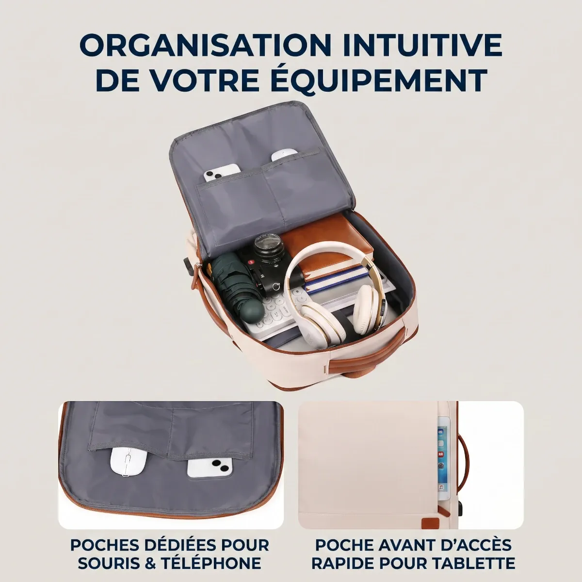 Vue de l'organisation intuitive et de la grande capacité intérieure du sac à dos ordinateur femme Prisme