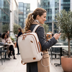 Femme d'affaires élégante en déplacement urbain portant le sac à dos ordinateur femme Prisme