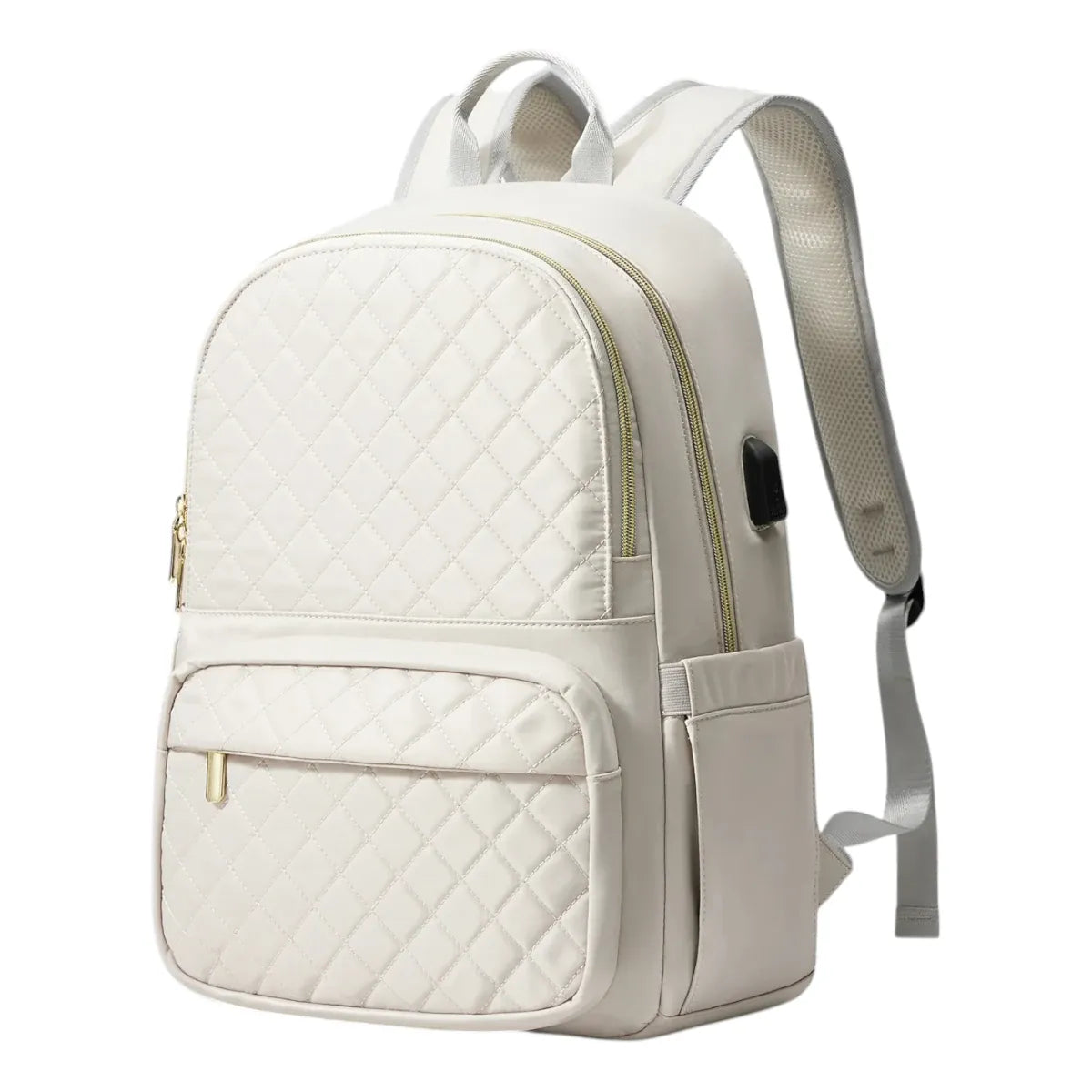 Version crème blanc cassé du sac à dos ordinateur femme Séléné avec fermetures dorées premium.