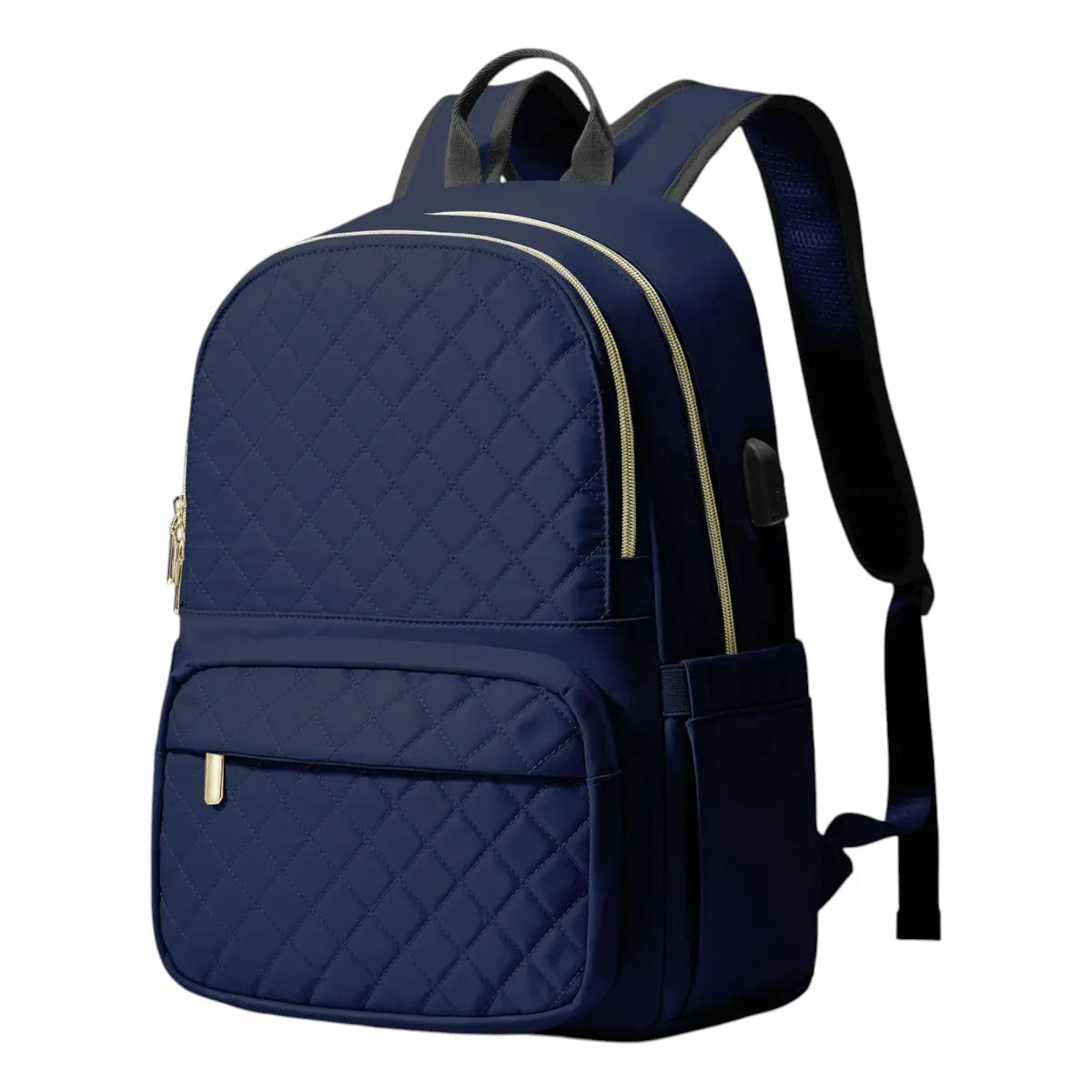 Version bleu marine du sac à dos ordinateur femme Séléné en tissu matelassé imperméable.