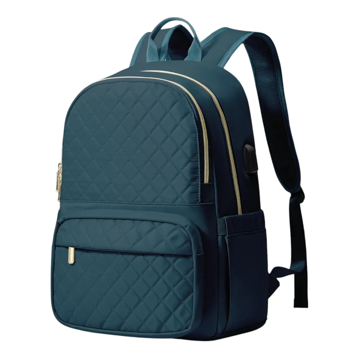 Version bleu peacock du sac à dos ordinateur femme Séléné en tissu matelassé imperméable.