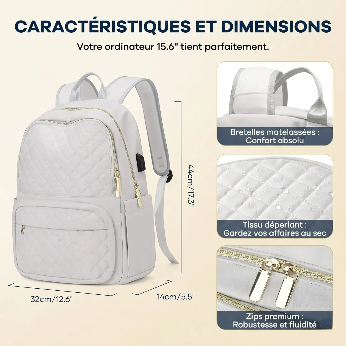 Infographie des dimensions et caractéristiques techniques du sac à dos ordinateur femme Séléné de 25L.