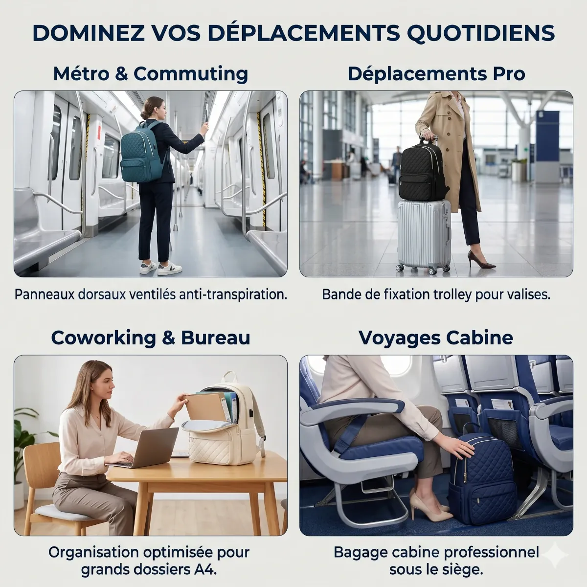 Nouveau nom de fichier (SEO) : sac-a-dos-ordinateur-femme-selene-infographie-usages-quotidiens
Texte de remplacement (Alt SEO) : Infographie présentant les 4 cas d’utilisation du sac à dos ordinateur femme Séléné (métro, déplacements pro sur trolley, coworking et voyage cabine sous le siège) décliné dans ses différentes couleurs.