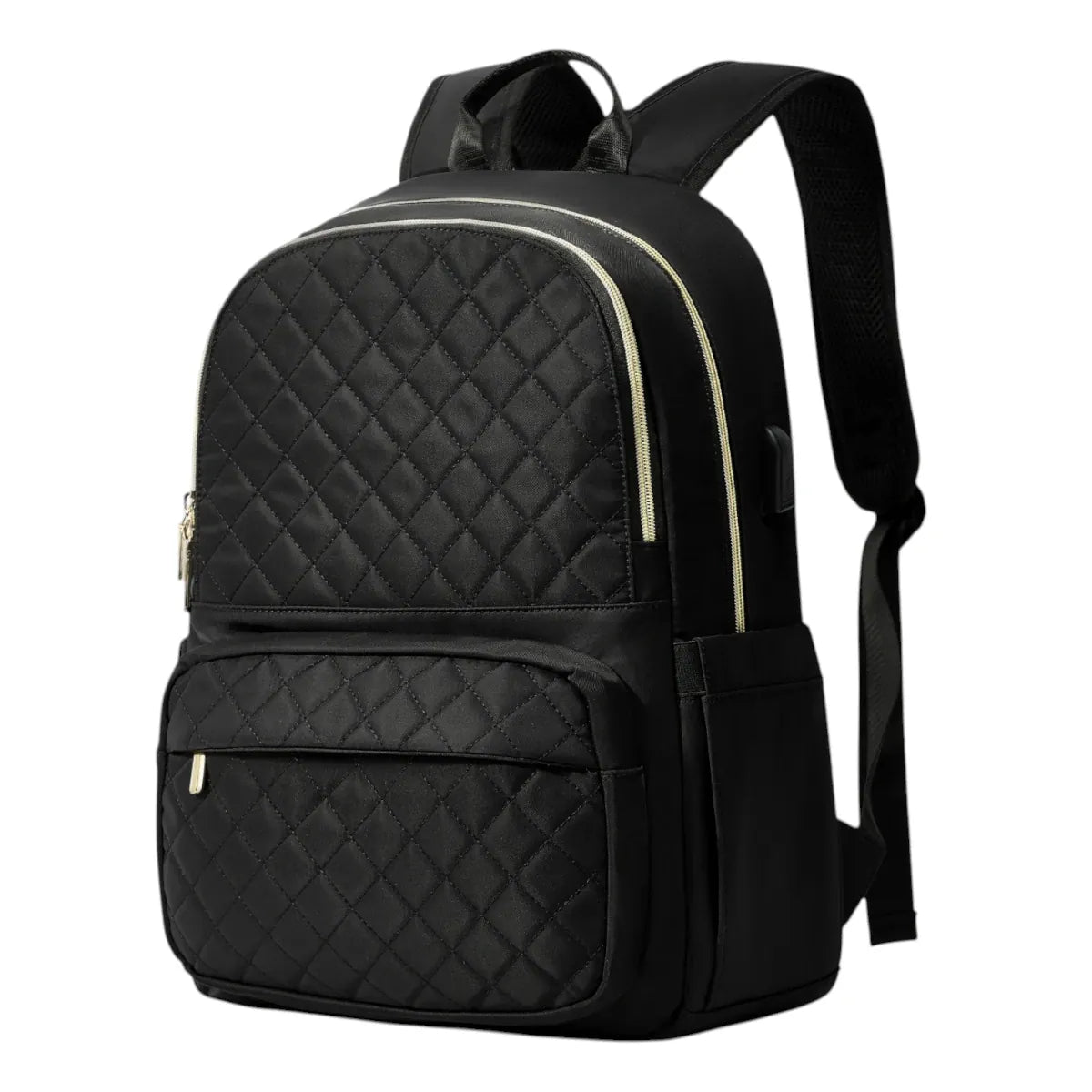 Version noire du sac à dos ordinateur femme Séléné en tissu matelassé imperméable.