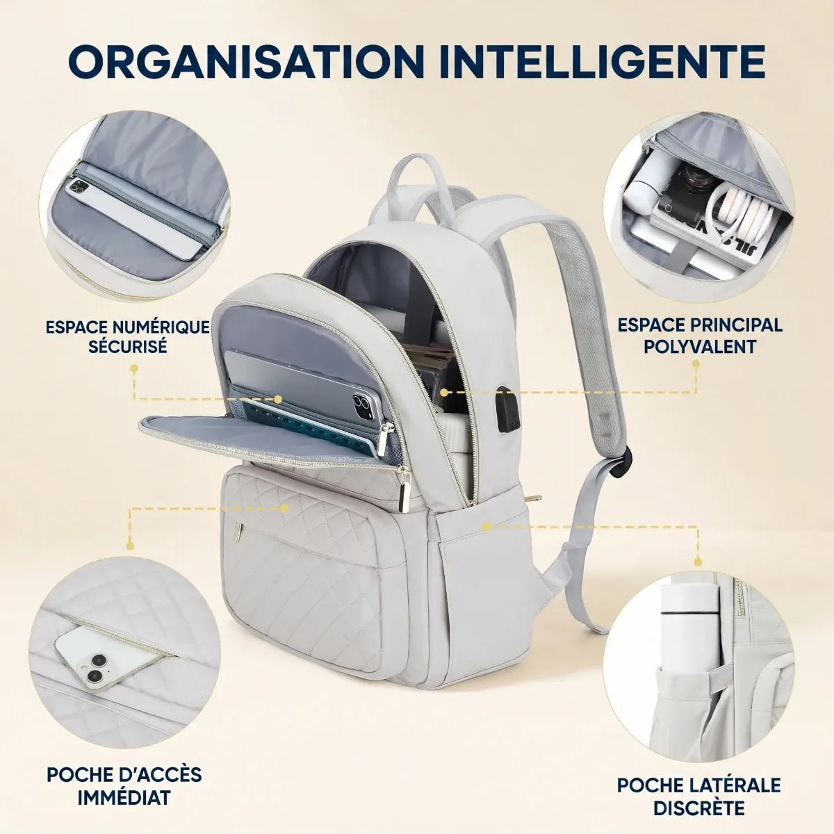 Compartimentage et organisation intelligente du sac à dos ordinateur femme Séléné avec poches dédiées.