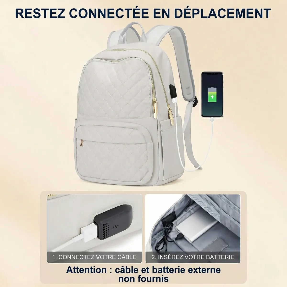 Port de charge USB externe intégré sur le sac à dos ordinateur femme Séléné pour rester connectée.