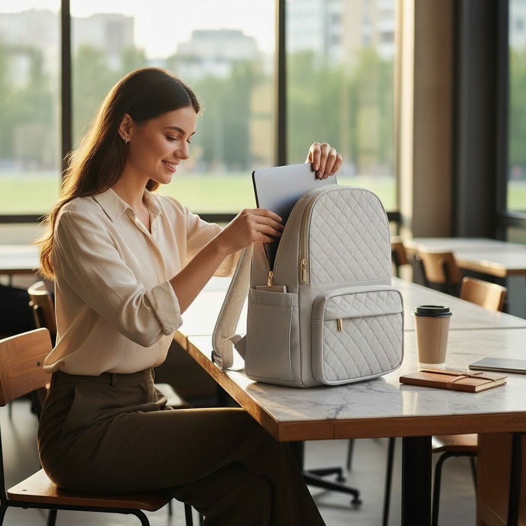 Insertion d'un ordinateur portable dans le compartiment sécurisé du sac à dos ordinateur femme Séléné.