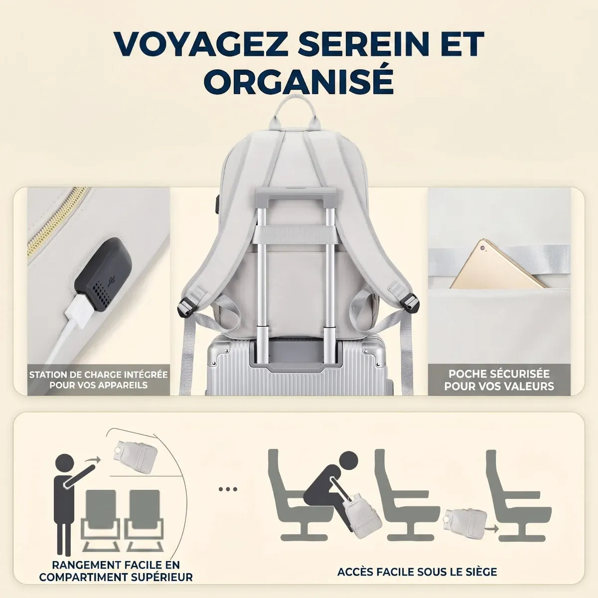 Sac à dos ordinateur femme Séléné fixé sur une valise pour voyage cabine et déplacements professionnels.