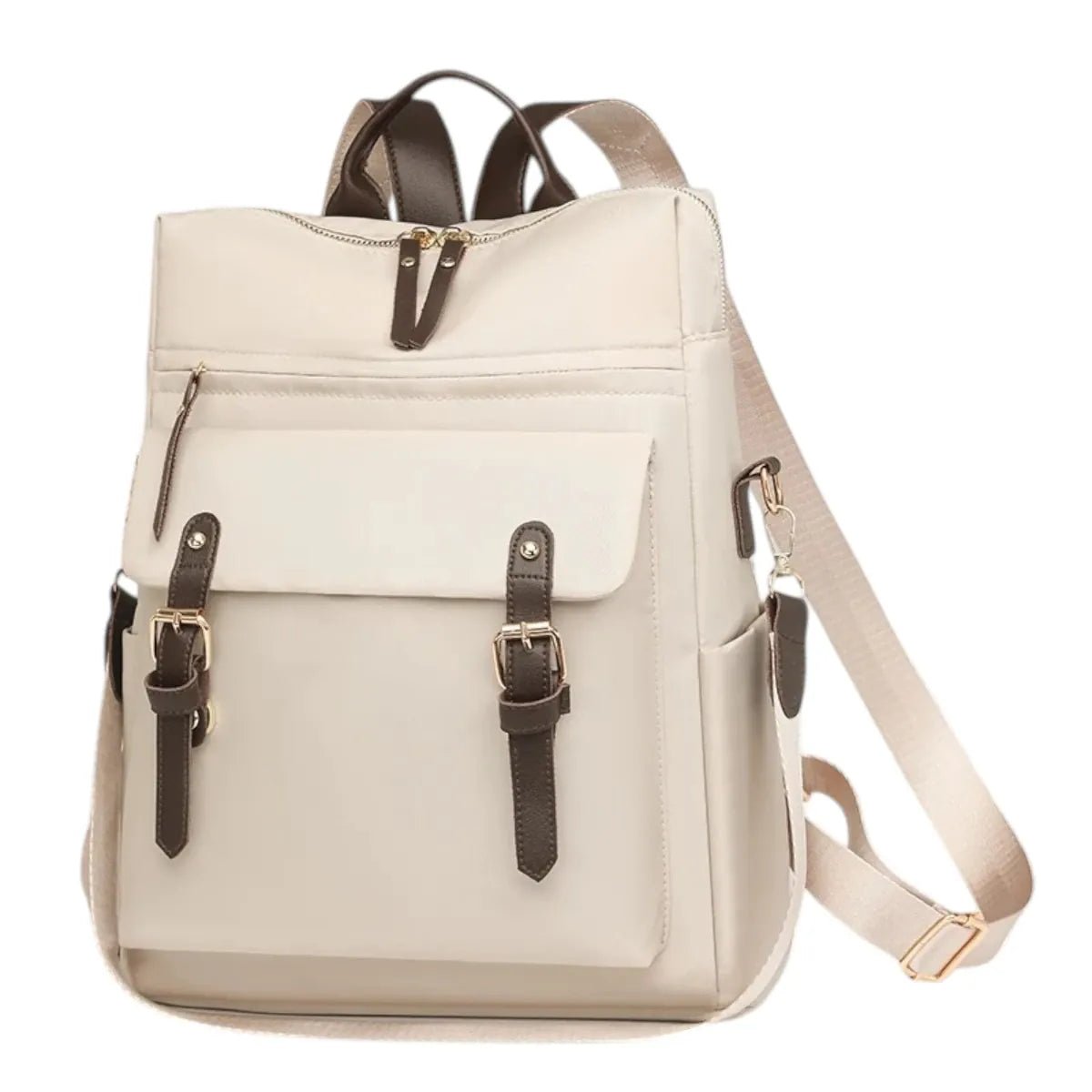Sac à dos ordinateur femme Sienna couleur beige crème avec finitions soignées en cuir marron sur fond blanc.
