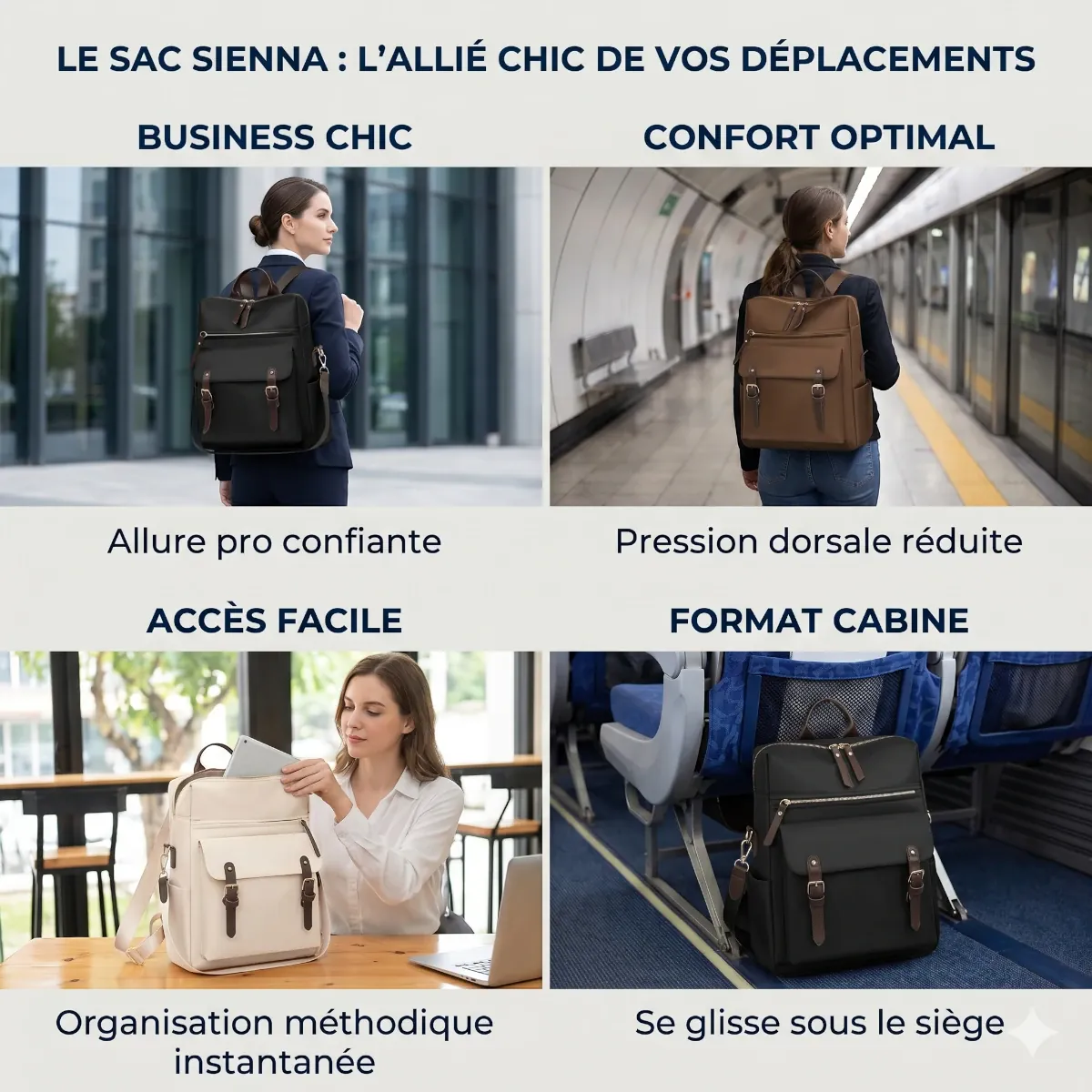 Infographie présentant les 4 cas d'utilisation du sac à dos ordinateur Sienna (chic, confort, accès facile, format cabine) à travers ses différentes couleurs (noir, marron, beige).