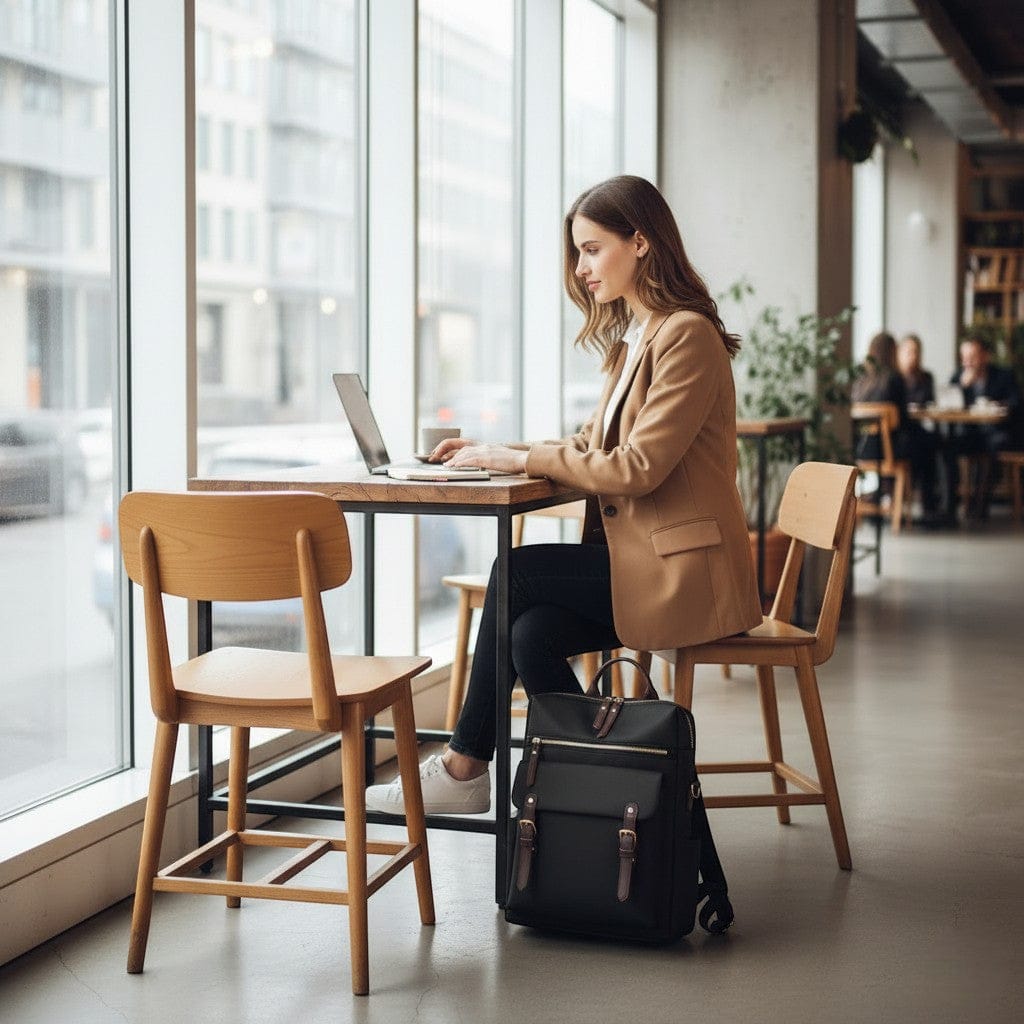 Sac à dos ordinateur femme Sienna noir posé au sol dans un café pendant qu'une professionnelle travaille sur son PC portable.