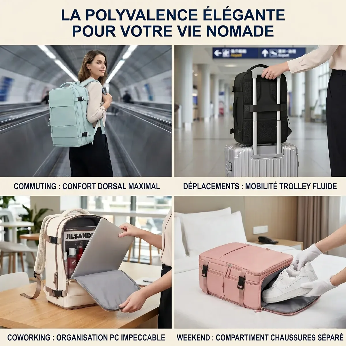 Infographie carrée présentant les 4 cas d'utilisation du sac à dos ordinateur femme Sienne de Bureau Cosy : commuting avec confort dorsal, déplacement avec attache trolley noire sur valise, organisation PC en coworking et compartiment chaussures isolé.