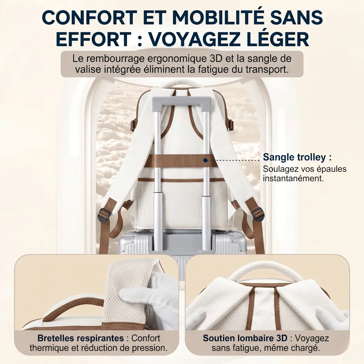 Détails du dossier ergonomique rembourré 3D et de la sangle trolley de transport du sac à dos ordinateur femme Sienne.