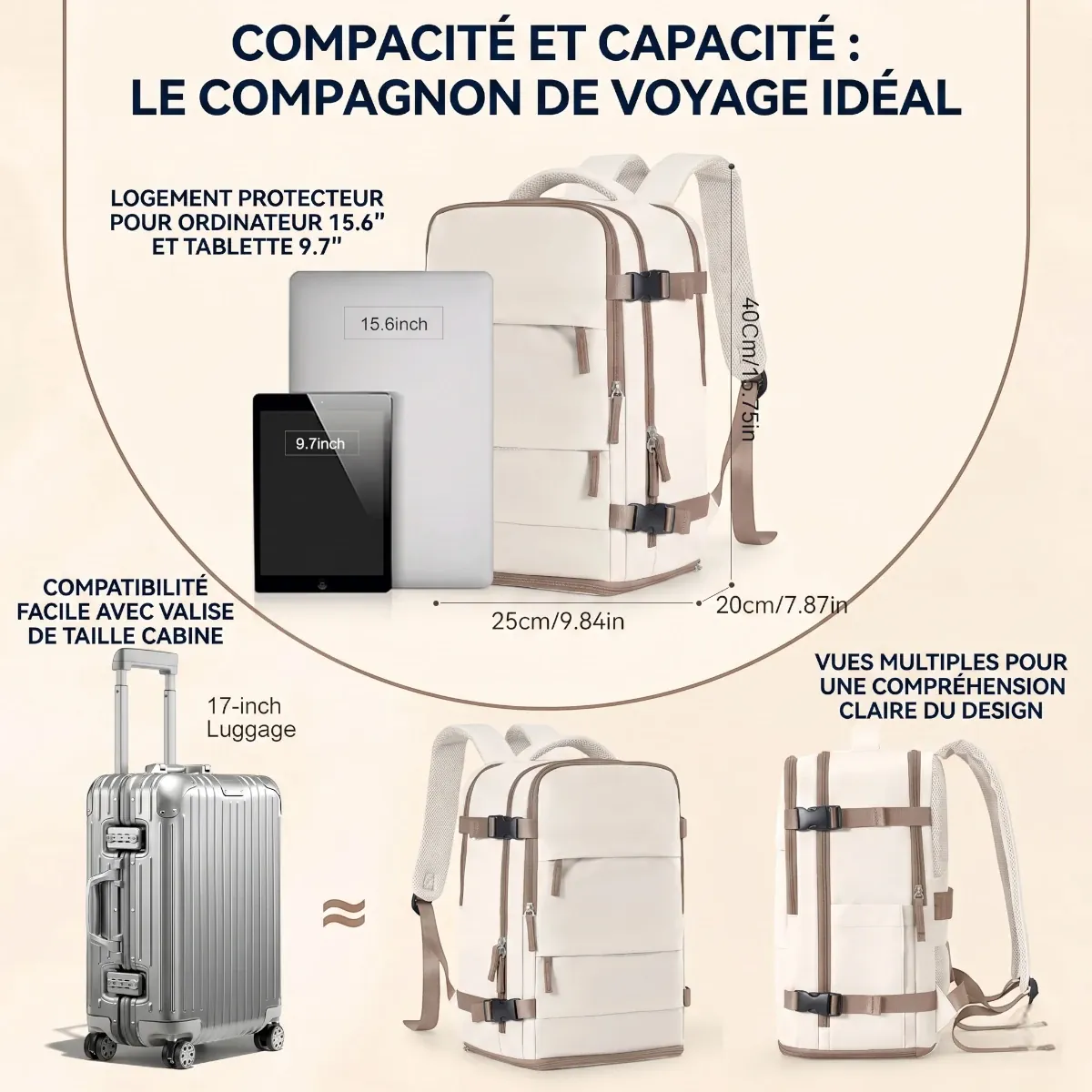 Dimensions techniques, capacité en litres et compatibilité bagage cabine avion du sac à dos ordinateur femme Sienne.