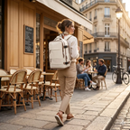 Femme portant le sac à dos ordinateur femme Sienne devant un café élégant lors de ses déplacements professionnels.