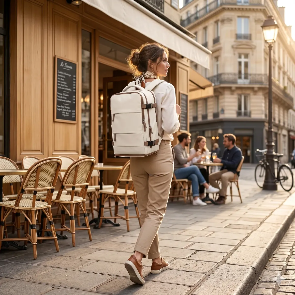 Femme portant le sac à dos ordinateur femme Sienne devant un café élégant lors de ses déplacements professionnels.