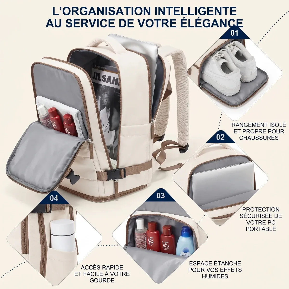 Infographie des compartiments intérieurs et des poches du sac à dos ordinateur femme Sienne montrant le rangement du PC portable et des chaussures.