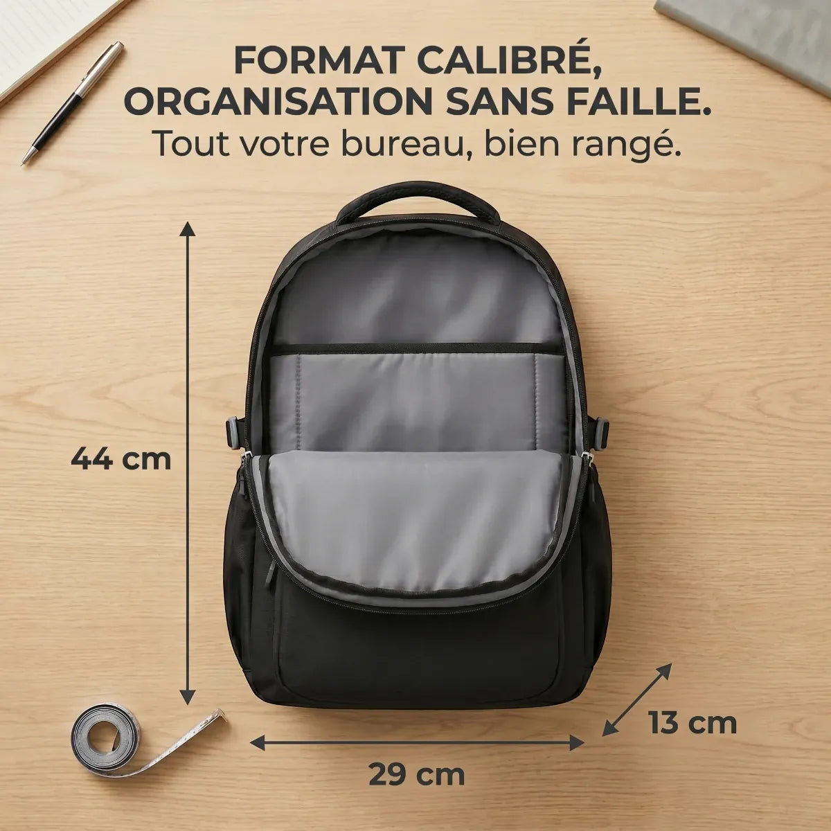 Schéma des dimensions en centimètres du sac à dos ordinateur femme Sillage 9011 indiquant 44 cm de hauteur, 29 cm de largeur et 13 cm de profondeur.